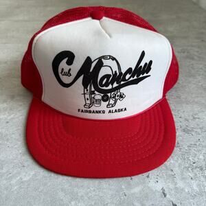 Vintage 80s Fairbanks Alaska Club Marchu red and white mesh snapback hat